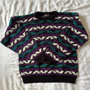 Vintage Patterned Crewneck Sweater - Green, Purple, Cream
